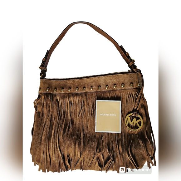 Michael Kors Brown Suede Gold Tassels Fringe Designer Purse Shoulder Bag - Picture 1 of 16